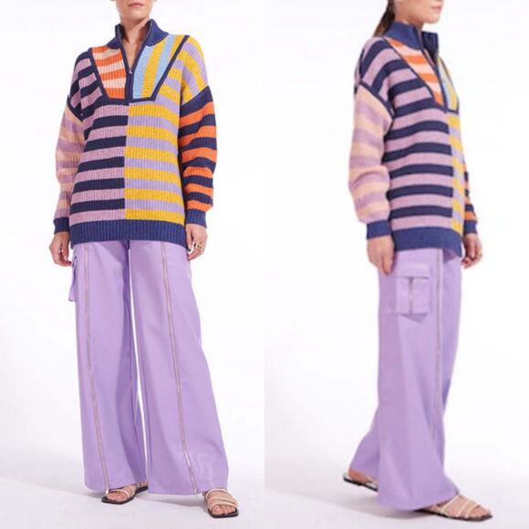 STAUD Hampton Oversized Stripe Cabana Knit Sweater Size Large Half Zip Cotton - Picture 1 of 13